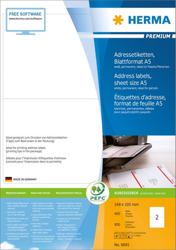 HERMA Laser Adressetiketten 8691 Selbsthaftend A5 Weiß 14,8 x 10,5 cm 400 Blatt à 2 Etiketten