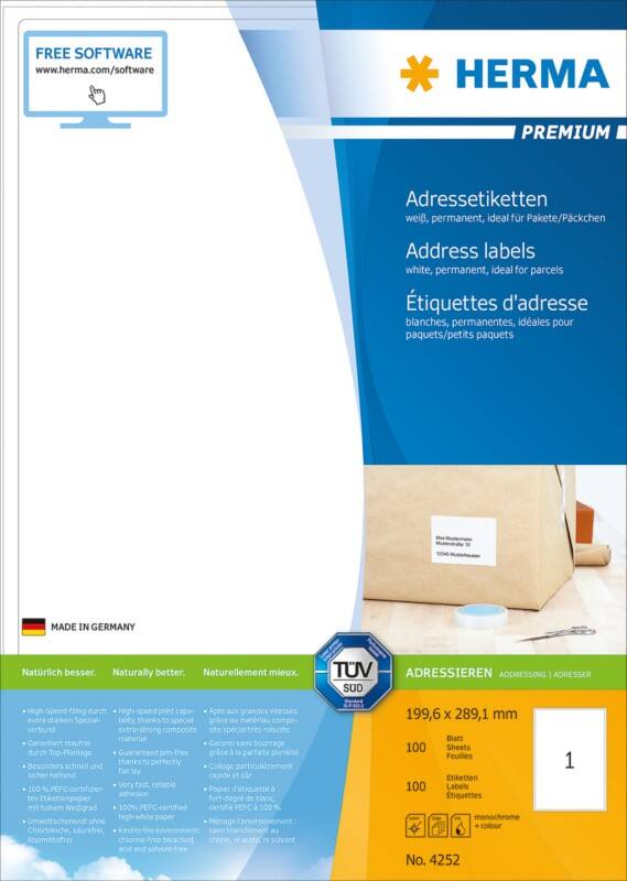 HERMA Versandetiketten 4252 Weiß Rechteckig 199,6 x 289,1 mm 100 Blatt à 1 Etikett