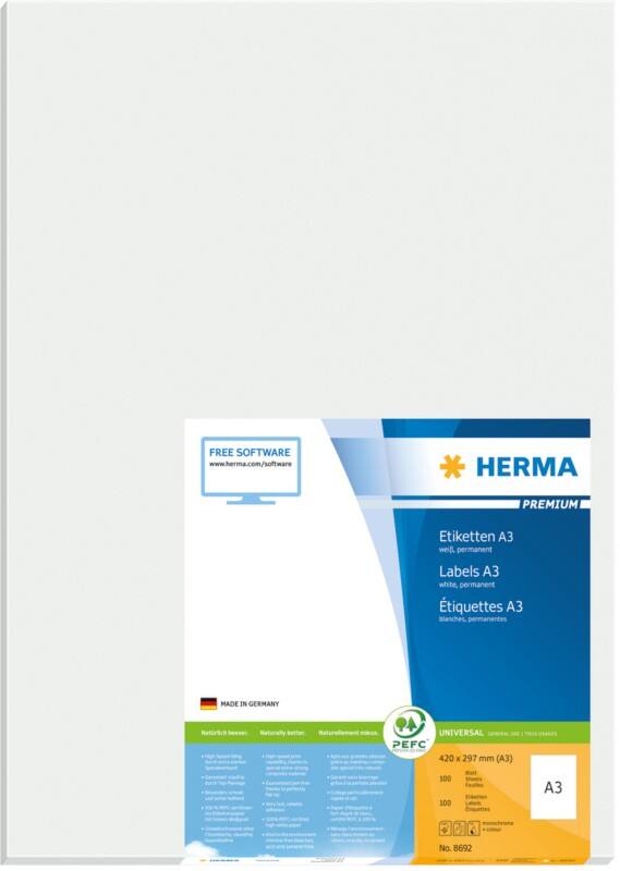 HERMA Multifunktionsetiketten 8692 Weiß Rechteckig 297 x 420 mm 100 Blatt à 1 Etikett