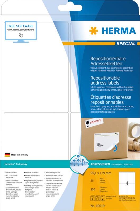 HERMA Adressetiketten 10019 Weiß Rechteckig 99,1 x 139 mm 25 Blatt à 4 Etiketten
