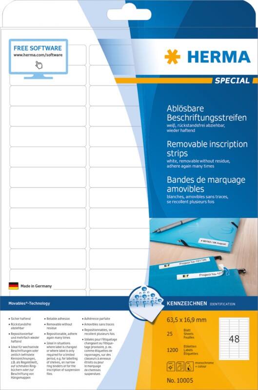 HERMA Wiederablösbare Etiketten 10005 Weiß Rechteckig 63 x 16 mm 25 Blatt à 56 Etiketten