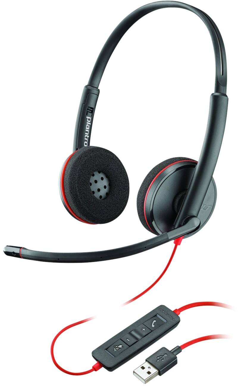 Plantronics Kabelgebundenes USB Headset Schwarzwire C3220 mit Kopfbügel, Geräuschunterdrückung und Mikrofon Schwarz, Rot