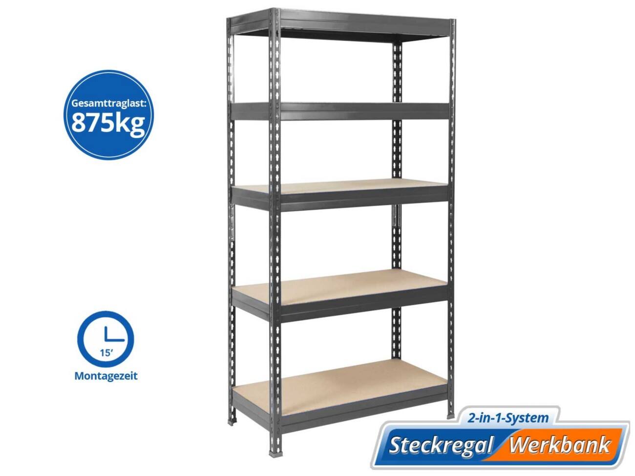 MAMMUT Grizzly Schwerlastregal 5 Fachböden Stahlblech 1.200 x 600 x 2.200 mm Anthrazit, Grau