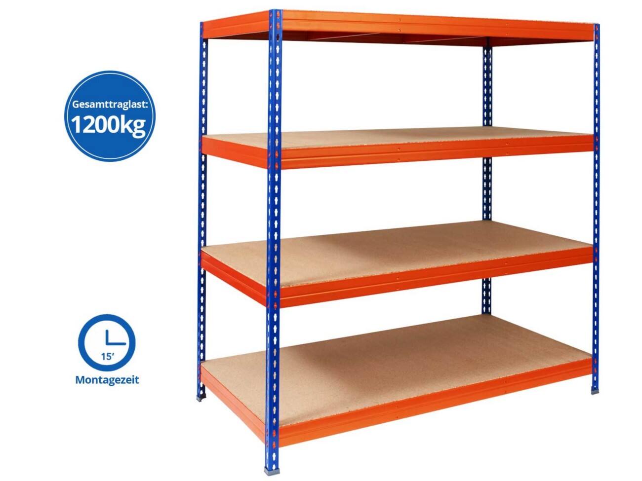 MAMMUT Weitspannregal Stahlblech, Span Blau, Orange 4 Fächer 1600 x 1500 x 800 mm