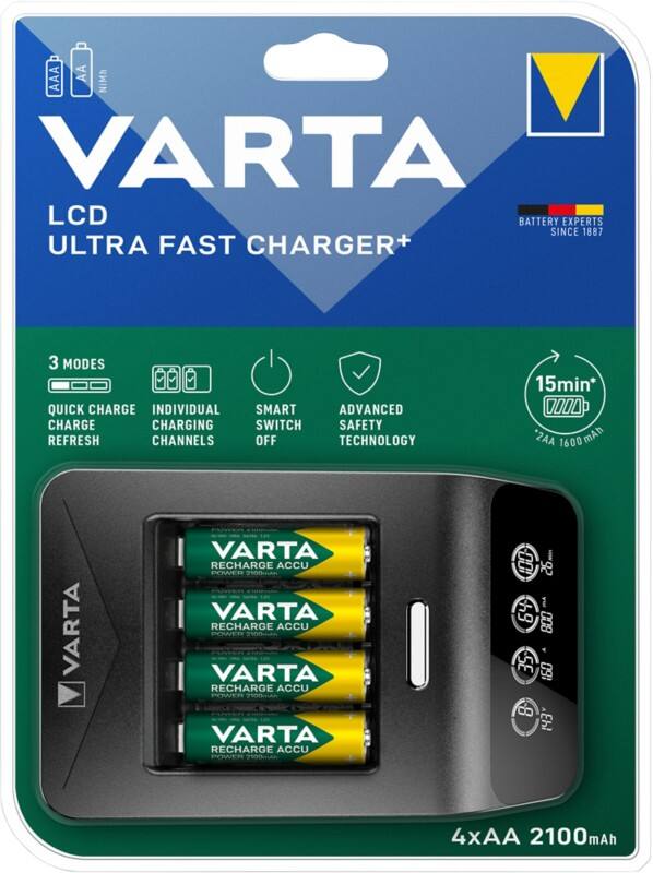 VARTA Batterieladegerät Ultra Fast und 4 wiederaufladbare AA-Batterien