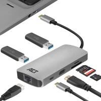 ACT USB-C-Multiport-Dock 1 x USB C männlich, 1 x HDMI A (Full-Size) weiblich, 2 x USB A weiblich, 1 x USB C weiblich, 1 x SD-Kartensteckplatz, 1 x Micro SD-Kartensteckplatz