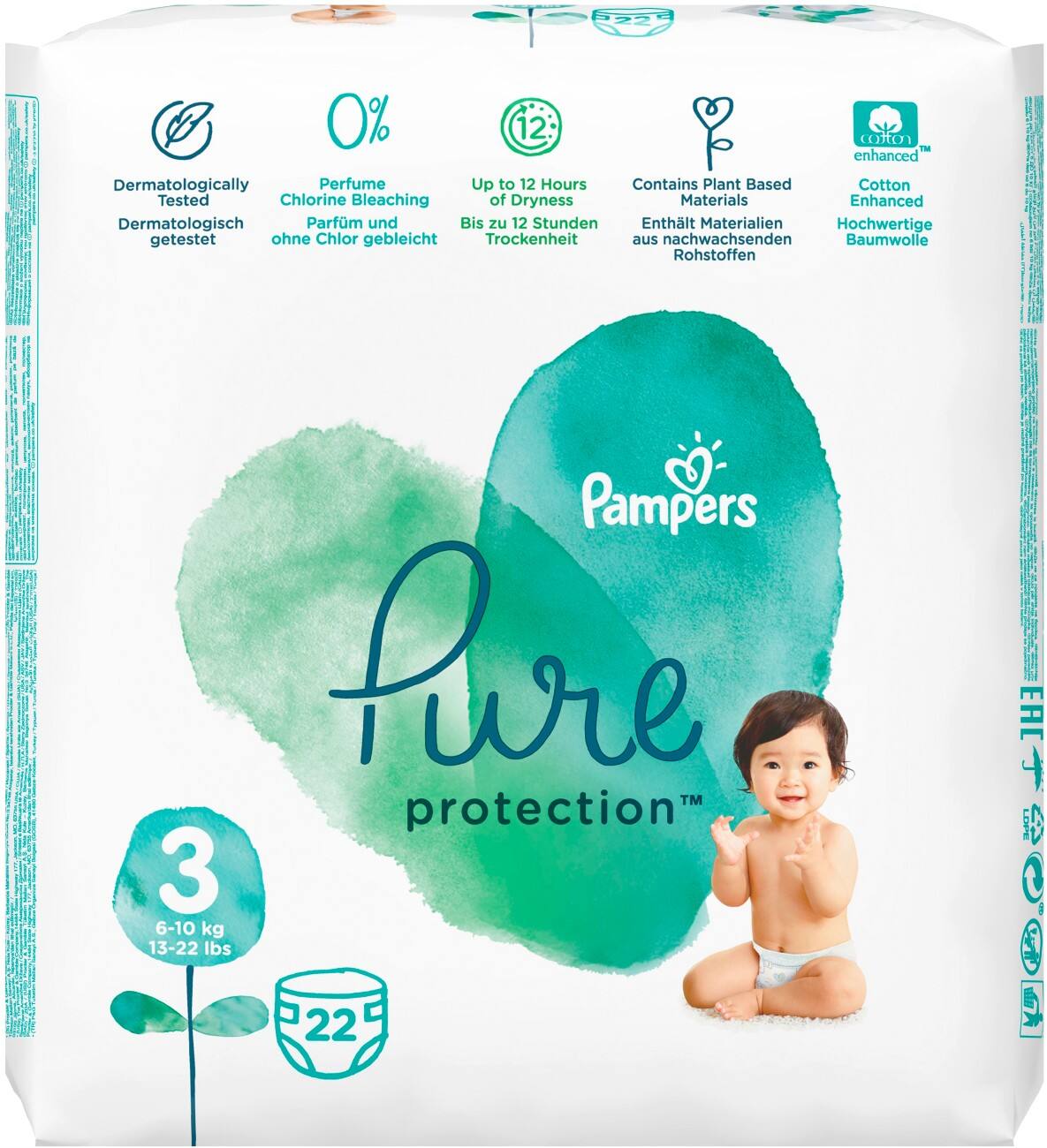 Pampers Windeln Pure Protection Midi Size 3 20,4 x 11,5 x 21,3 cm 22 Stück
