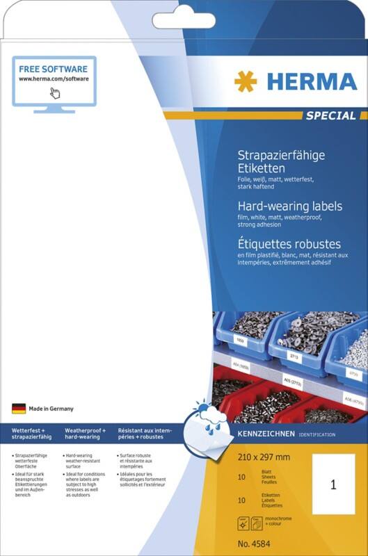 HERMA Wetterfeste Filmetiketten 4584 Weiß Rechteckig DIN A4 210 x 297 mm 10 Blatt à 1 Etikett