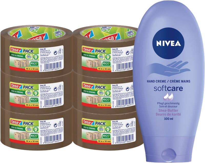 tesapack Braun Eco & Strong Verpackungsklebeband und Nivea Creme Bundle 50 mm x 66 m 6 Rollen