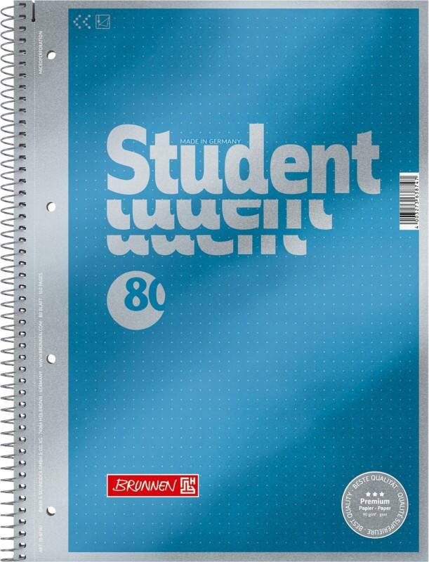 BRUNNEN Student Premium Collegeblock DIN A4 Punktkariert Spiralbindung Pappkarton Blau Perforiert 160 Seiten 80 Blatt