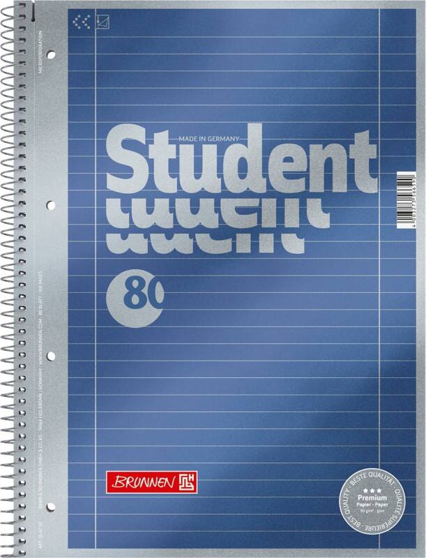 BRUNNEN Student Premium Collegeblock DIN A4 Liniert Spiralbindung Pappkarton Blau Perforiert 160 Seiten 80 Blatt
