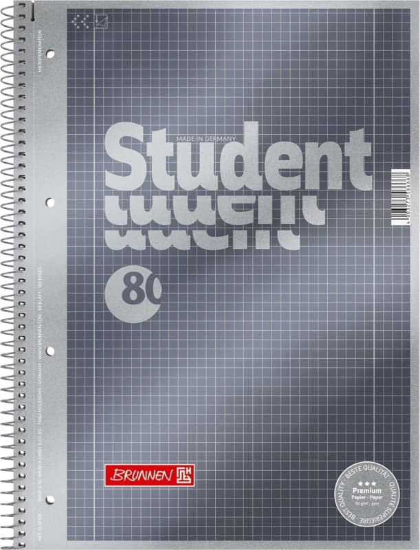 BRUNNEN Student Premium Collegeblock DIN A4 Spiralbindung Kariert Pappkarton Anthrazit-Metallic Perforiert 160 Seiten 80 Blatt