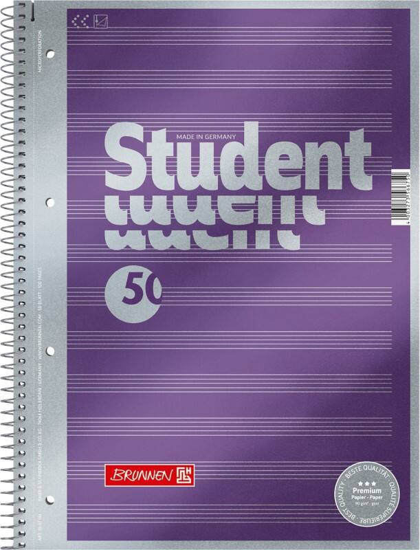 BRUNNEN Student Premium Collegeblock DIN A4 Liniert Spiralbindung Pappkarton Violett Perforiert 100 Seiten 50 Blatt