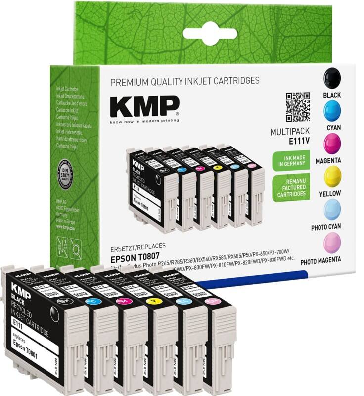 KMP Kompatibel Epson E111V Tintenpatrone C63T08074010 Schwarz, Cyan, Photo Cyan, Magenta, Photo Magenta, Gelb Multipack 6 Stück