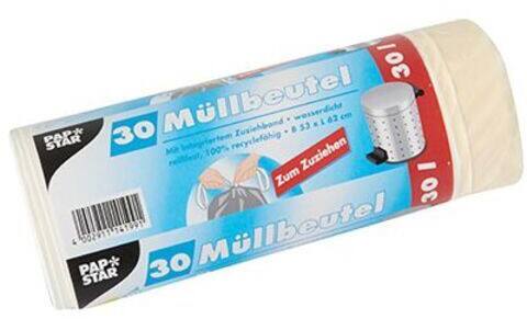 PAPSTAR Müllsäcke 30 L  Kordelzug Weiß LDPE (Polyethylen niedriger Dichte) 17 Mikron 30 Stück