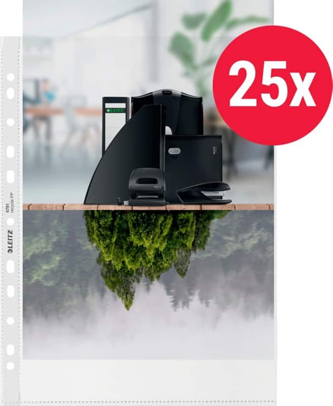 Leitz Prospekthüllen 90% Recycelt A4 Genarbt Transparent 100 Mikron PP (Polypropylen) Öffnung oben 11 Löcher 25 Stück