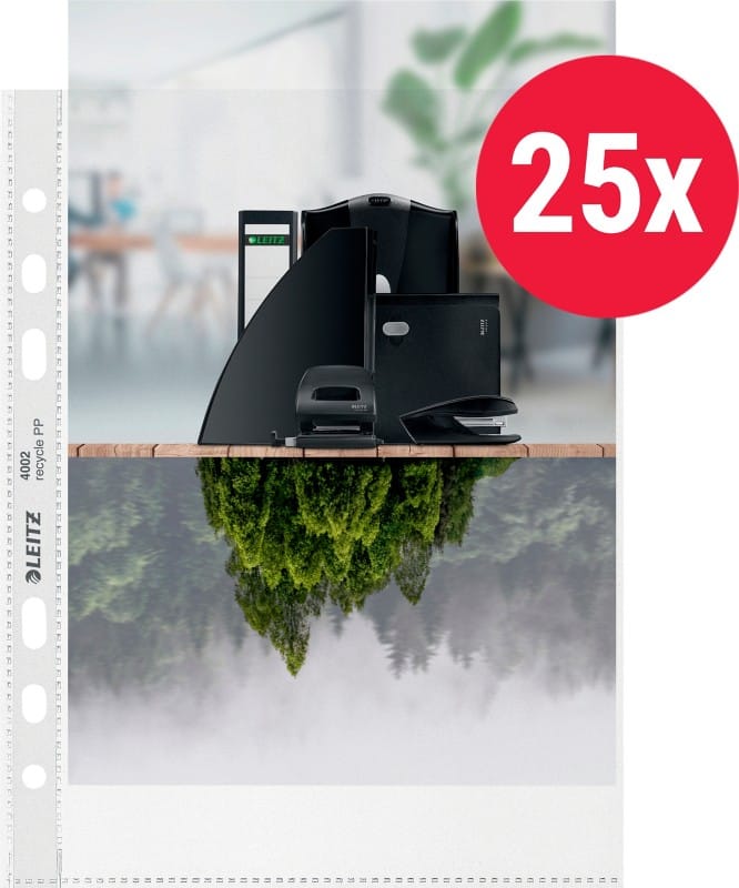 Leitz Prospekthüllen 90% Recycelt A5 Genarbt Transparent 100 Mikron PP (Polypropylen) Öffnung oben 6 Löcher 25 Stück