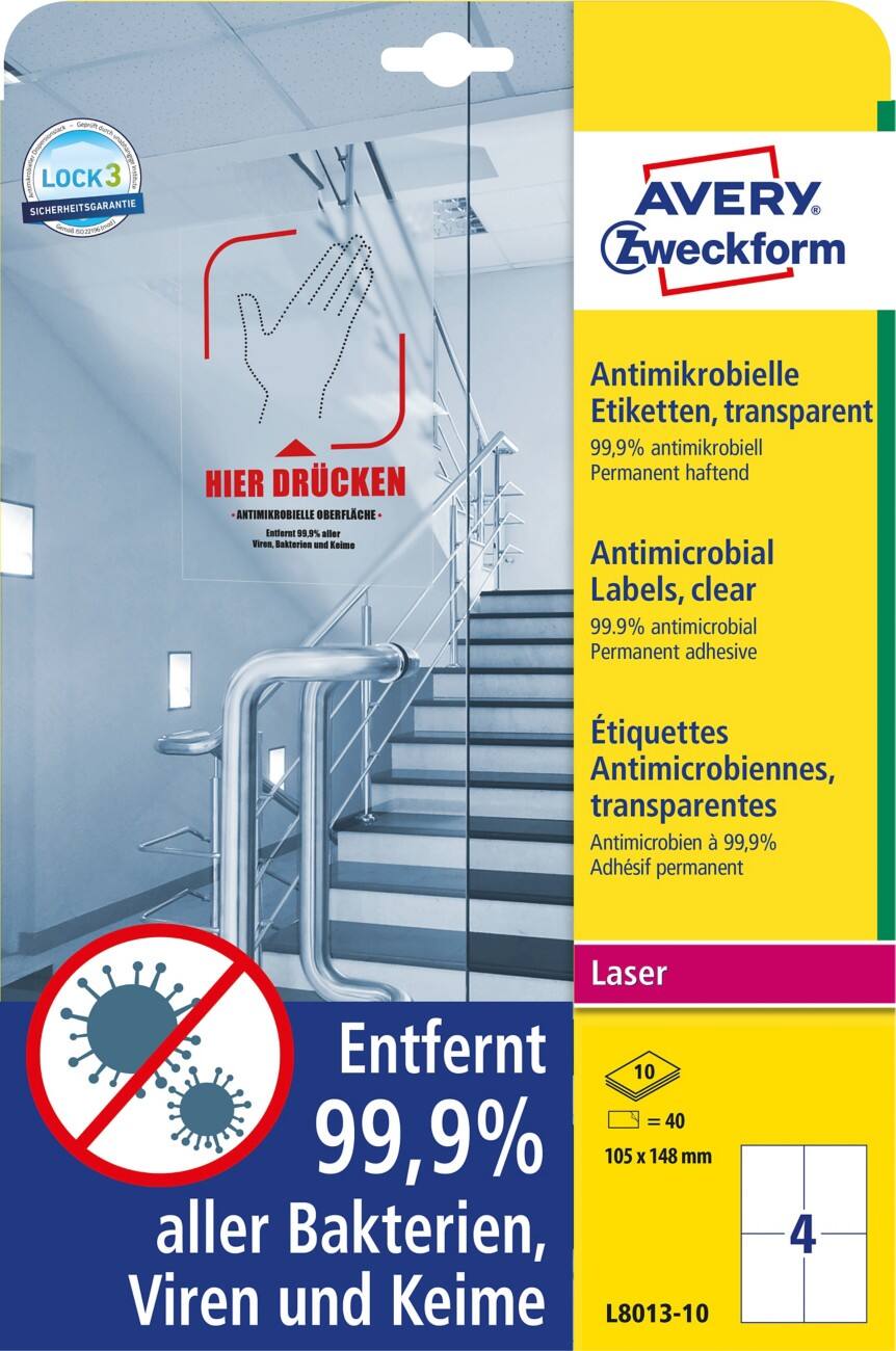 AVERY Zweckform L8013-10 Antimikrobielle Etiketten 210 x 297 mm Weiß 10 Blatt à 4 Etikett