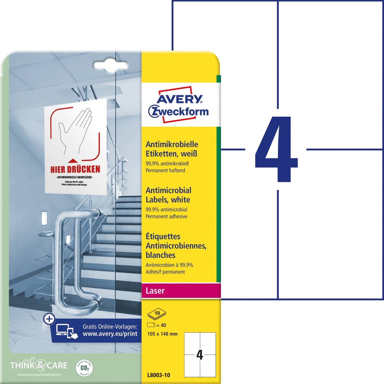 AVERY Zweckform L8003-10 Antimikrobielle Etiketten 210 x 297 mm Weiß 10 Blatt à 4 Etiketten
