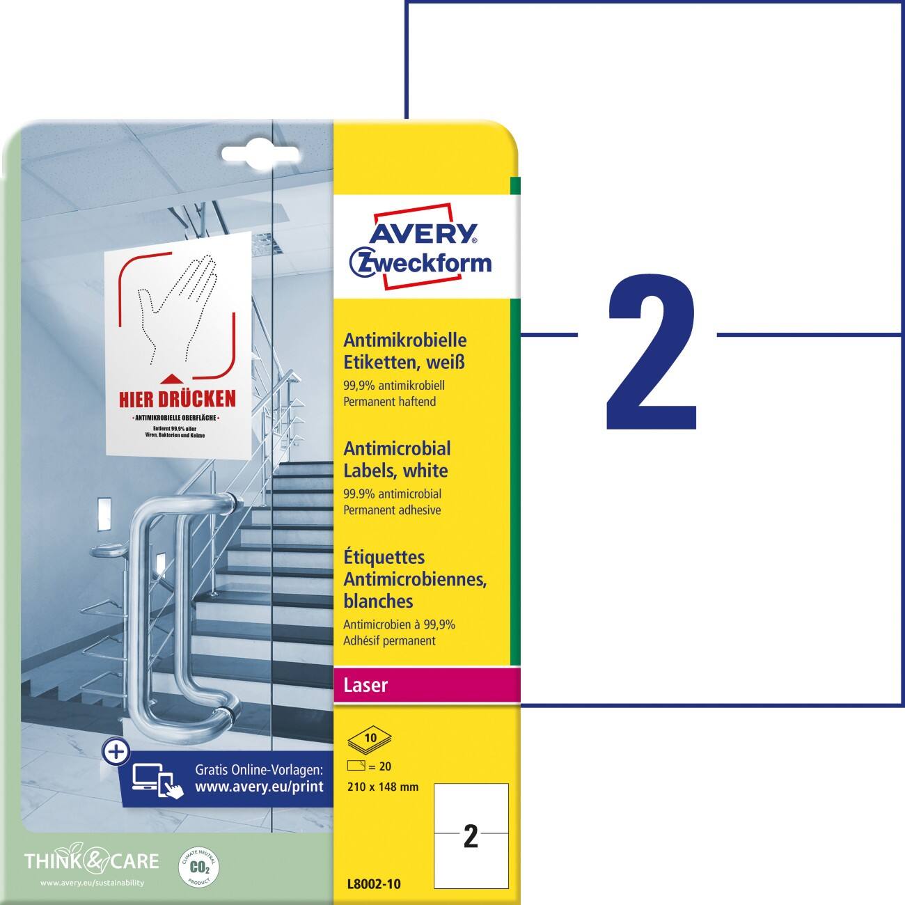 AVERY Zweckform L8002-10 Antimikrobielle Etiketten 210 x 297 mm Weiß 10 Blatt à 2 Etiketten