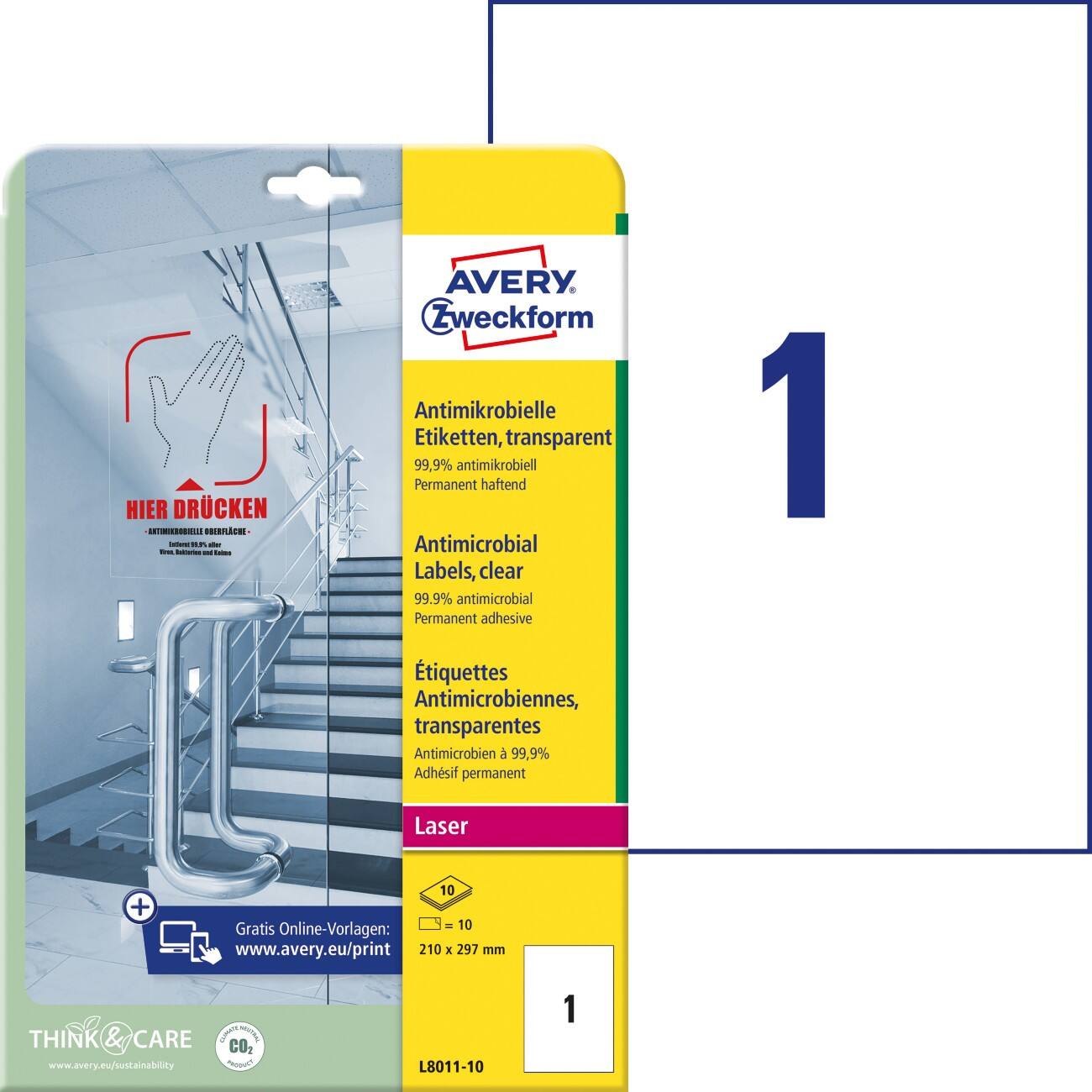 AVERY Zweckform L8011-10 Antimikrobielle Etiketten 210 x 297 mm Weiß 10 Blatt à 1 Etikett