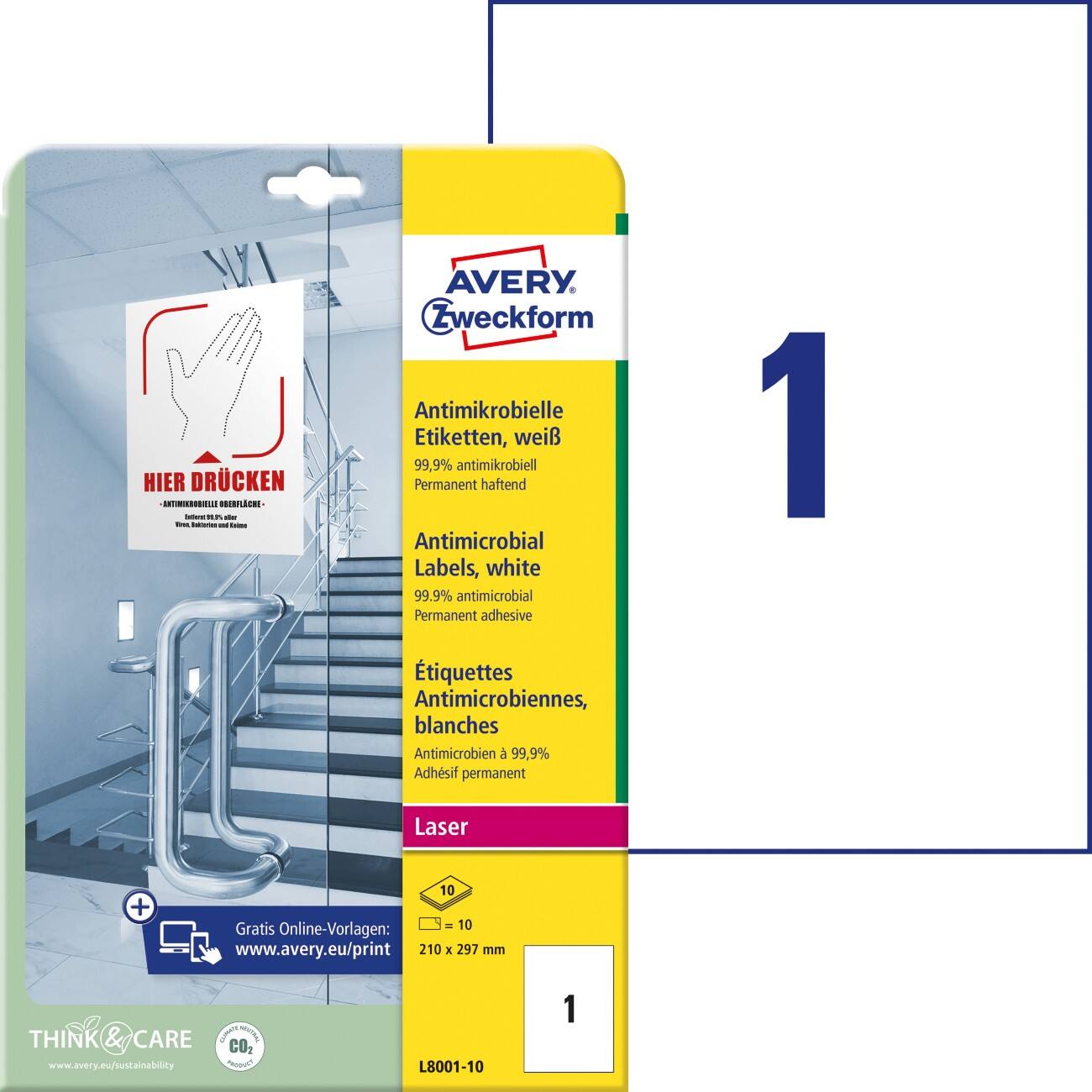 AVERY Zweckform L8001-10 Antimikrobielle Etiketten 210 x 297 mm Weiß 10 Blatt à 1 Etikett