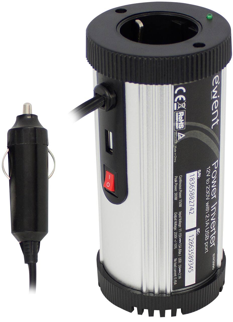 ewent Wechselrichter 150 W 12 V 230 V 2,1 A USB-Anschluss Schwarz, Silber