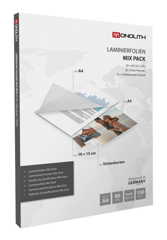 Monolith Laminierfolien A4 Glasklar 80 Mikron (2 x 80) Transparent 100 Hüllen