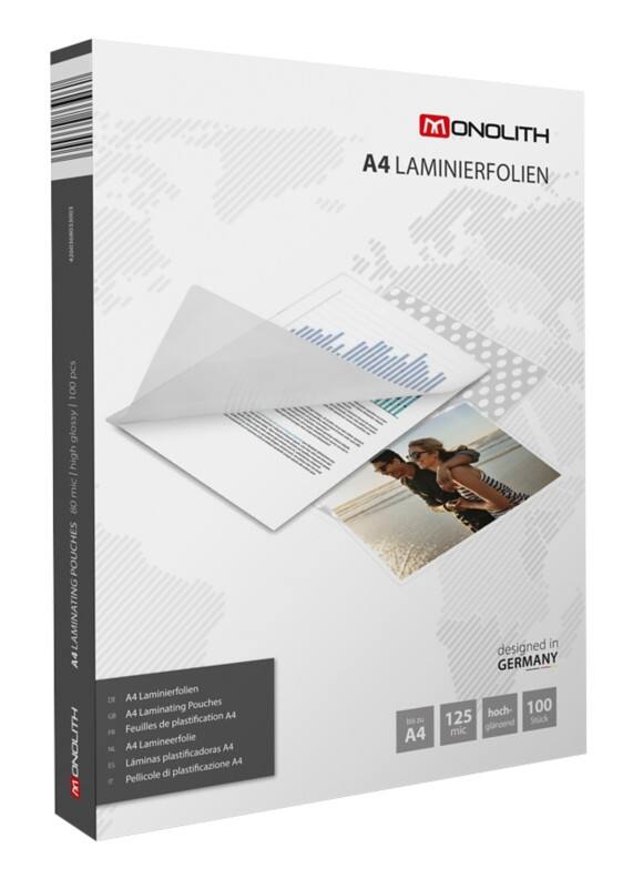 Monolith Laminierfolien A4 Glasklar 125 Mikron (2 x 125) Transparent 100 Hüllen