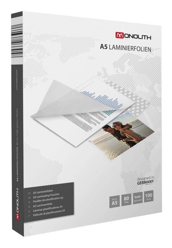 Monolith Laminierfolien A5 Glasklar 80 Mikron (2 x 80) Transparent 100 Hüllen