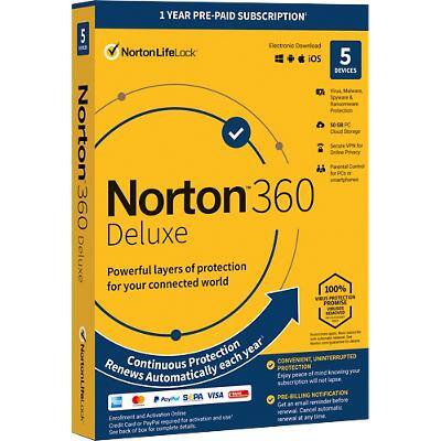 Norton 360 Deluxe 5 Geräte 1 Jahr Inklusive sicherem VPN und Passwort-Manager PCs, Mac Smartphones und Tablets Automatische Erneuerung
