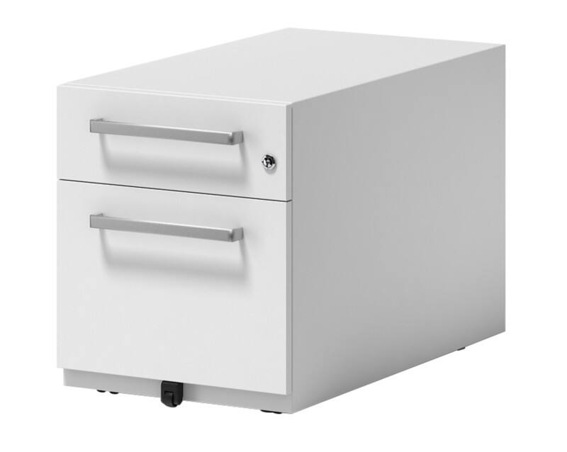 Rollcontainer Note mit Designgriff und einer Universalschublade à Höhe 150 mm und eine Schublade für Hängeregistratur 495 x 420 x 775 mm Verkehrsweiß