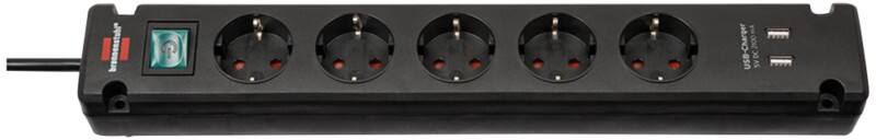 brennenstuhl 1150660315 Bremounta Steckdosenleiste mit 2 USB-Anschlüssen und 5 Buchsen Typ F 3 m Schwarz