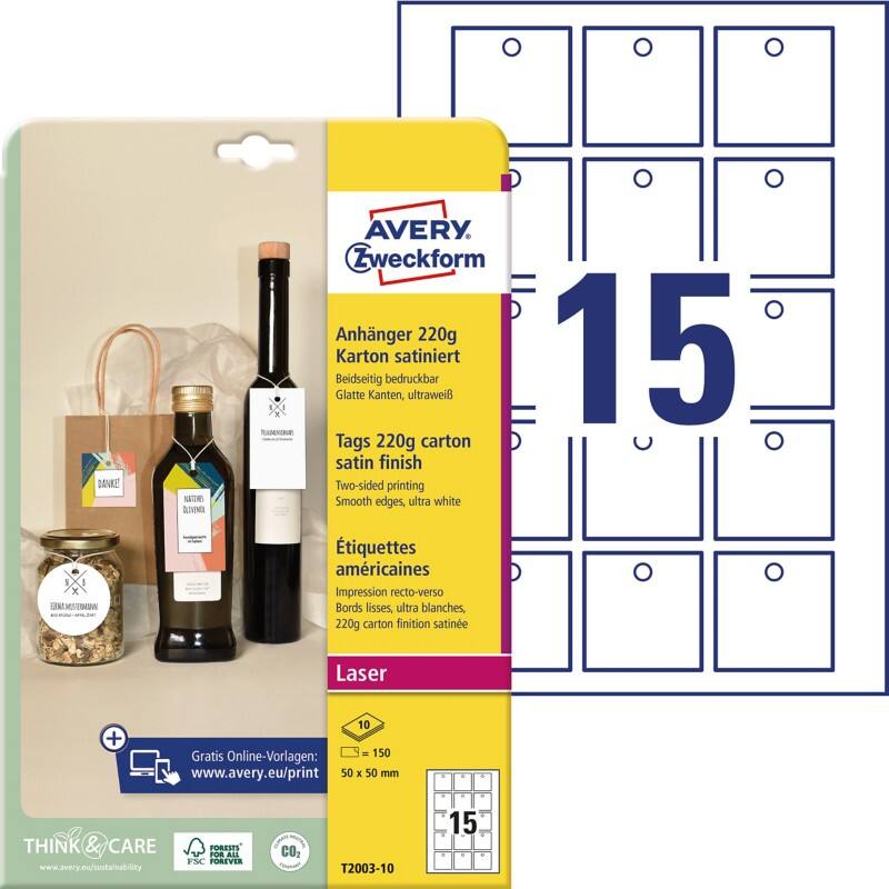 AVERY Zweckform Etiketten Pappkarton 13 x 210 x 297 mm Ultraweiß T2003-10 10 Stück
