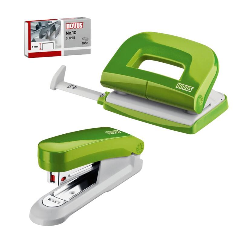 Novus NOVUS OFFICE Hefter und Locher 020-1874 Halbstreifen 15 Blatt Grün Nr. 10 Metall, Kunststoff 2 Stück