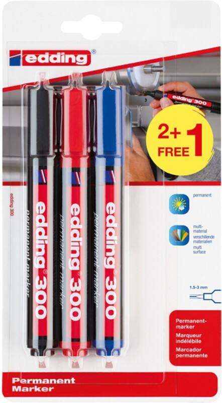 edding Blister 300 Permanentmarker  Mittel Rundspitze 1,5 - 3 mm Farbig sortiert Nachfüllbar Wasserbeständig 3 Stück