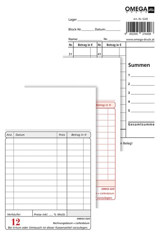 OMEGA Kassenbuch 100 x 150 mm Perforiert 10 Stück à 2x50 Blatt