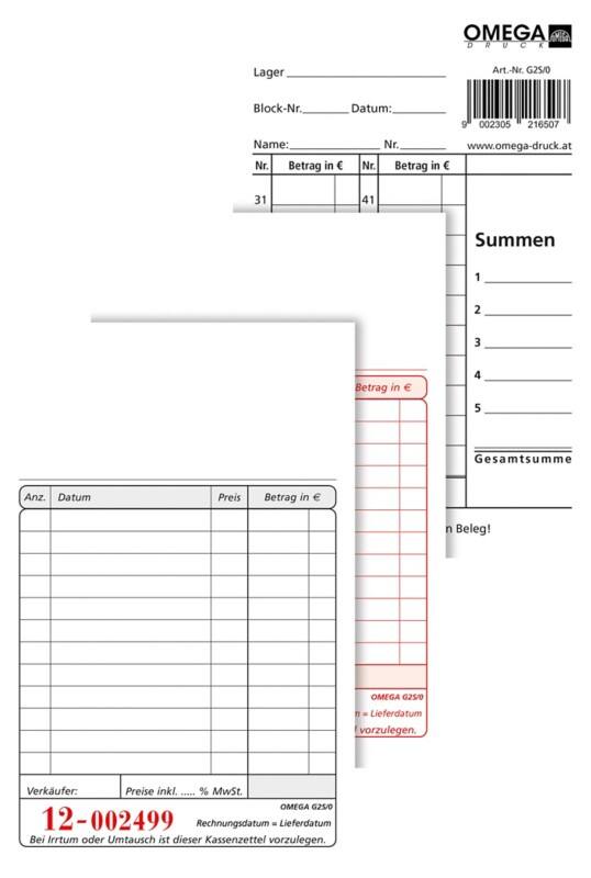 OMEGA Kassenbuch 100 x 150 mm Perforiert 10 Stück à 2x50 Blatt