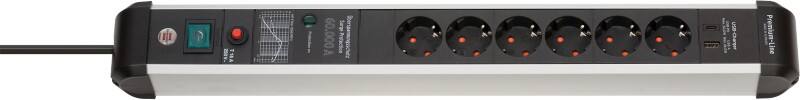 brennenstuhl Premium-Protect-Line Steckdosenleiste mit USB 1391010620 Überspannungsschutz 6-fach 3 m Schwarz, Silber