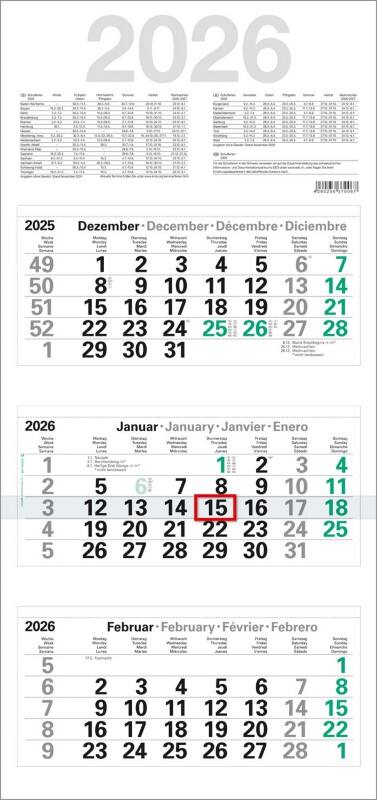 Kalender M3GL 2026 Papier Weiß Deutsch, Englisch, Französisch, Spanisch