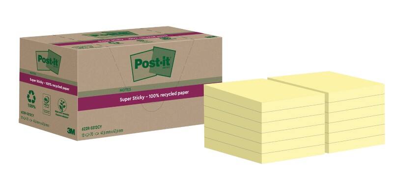 Post-it Super Sticky Recycelte Haftnotizen 47,6 x 47,6 mm Kanariengelb 70 Blatt 12 Blöcke