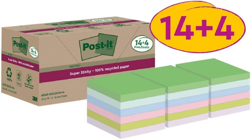 Post-it Super Sticky Recycelte Haftnotizen 76 x 76 mm Farbig sortiert 70 Blatt Vorteilspackung 14 + 4 Gratis