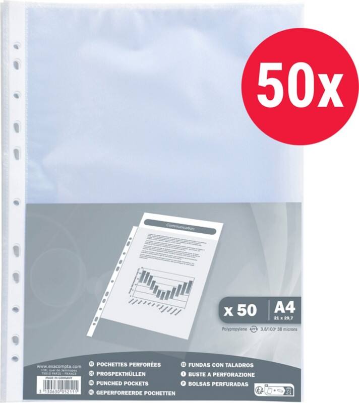 Exacompta Klarsichthülle A4 Genarbt Transparent 40 Mikron PP (Polypropylen) Öffnung oben 5211E 50 Stück