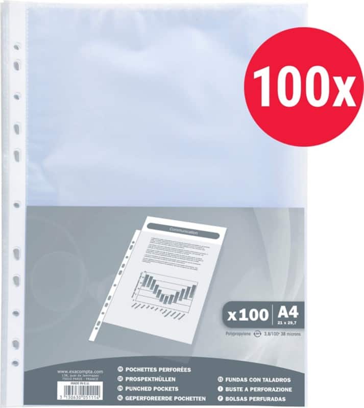 Exacompta Klarsichthüllen A4 Genarbt Transparent 40 Mikron PP (Polypropylen) Öffnung oben 5111E 100 Stück