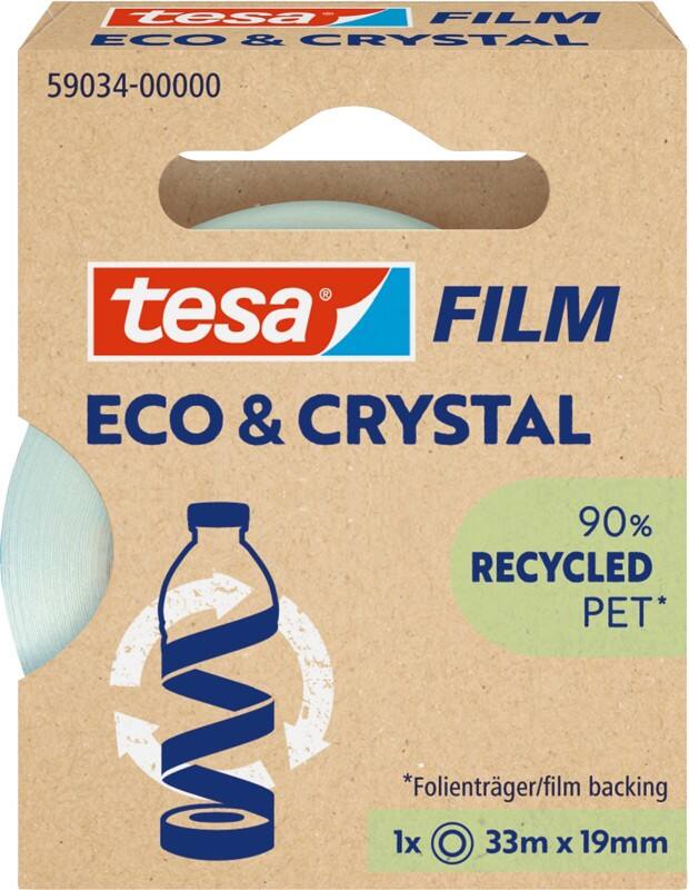 tesa Klebeband tesafilm Eco & Crystal 59034 Transparent 19 mm (B) x 33 m (L) PET (Polyethylenterephthalat) Niedrige Lautstärke 90% Recycelt