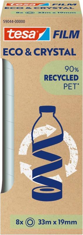 tesa Klebeband tesafilm Eco & Crystal 59044 Transparent 19 mm (B) x 33 m (L) PET (Polyethylenterephthalat) Niedrige Lautstärke 90% Recycelt 8 Rollen