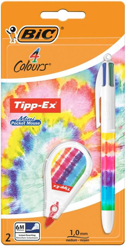 BIC 4 Colours Kugelschreiber Blau, Grün, Rot, Schwarz Mittel 0.4 mm Nachfüllbar + Tipp-Ex Mini Pocket Mouse in Batikoptik