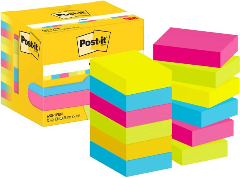 Post-it Sticky Haftnotizen 653-TFEN 38 x 51 mm 100 Blatt pro Block Blau, Gelb, Grün, Rosa 12 Stück