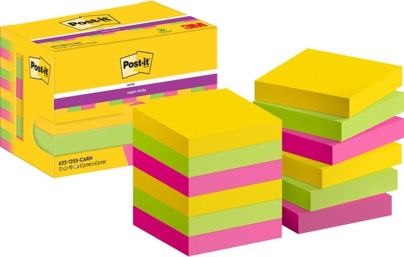 Post-it Super Sticky Haftnotizen 622-12SS-CARN 47,6 x 47,6 mm 90 Blatt pro Block Gelb, Grün, Rosa Quadratisch Unliniert 12 Stück