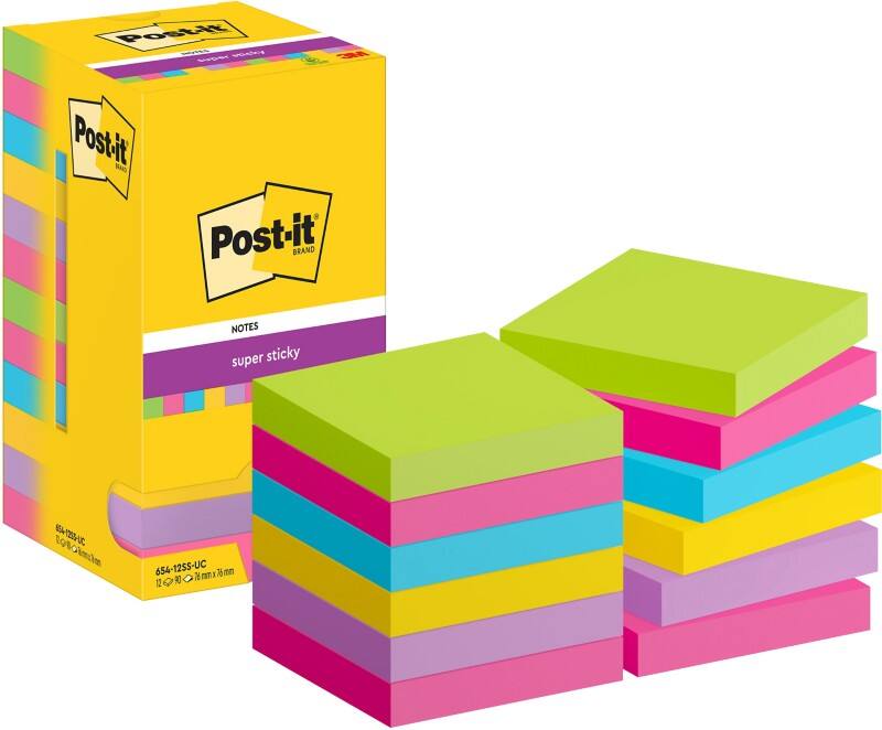 Post-it Super Sticky Haftnotizen 654-12SS-UC 76 x 76 mm 90 Blatt pro Block Blau, Gelb, Grün, Rosa, Violett Quadratisch Unliniert 12 Stück